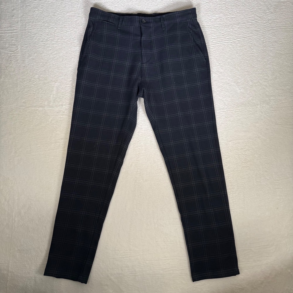 Zara Mens Navy Blue Plaid Trousers Slim Fit Chino Pants Size 32 Checkered Dress